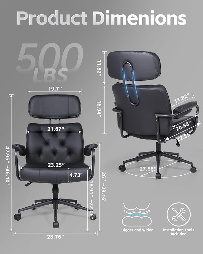 Office Chair Big and Tall 500lbs, Desk Chair Comfy, Oversized Computer Gaming Chair Extra Wide, Executive PU Leather Heavy Duty, High Back Swivel Rocking Chairs with Wheels for Home,Black