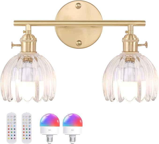 Battery Operated Bathroom Light Fixtures, 2-Light Brass Vanity Wall Light with 5000mAh Rechargeable Bulb Over Mirror with Clear Tulip Glass Shade for Bedroom Living Room