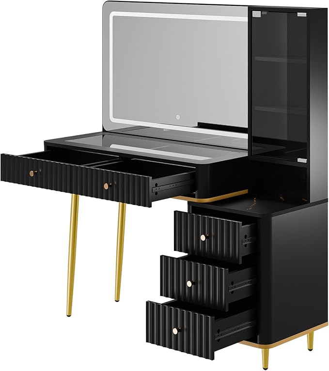 RECCI Fluted Vanity Desk with 36" Mirror and Lights, Makeup Vanity Desk with Glass Top, Dressing Table with 5 Drawers & Shelves, Wood Vanity Table for Bedroom(Black)