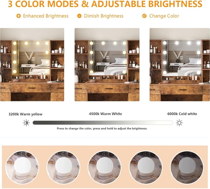 Vabches Makeup Vanity Desk with Lighted Mirror & Power Strip, Large Brown Vanity Table Set Rustic Farmhouse Style with Lots of Storage, 3 Lighting Modes, Brightness Adjustable, 45.2in (W)