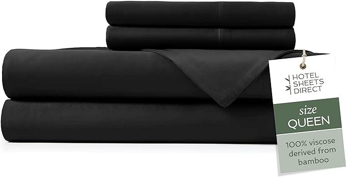 Hotel Sheets Direct 4 Piece Bed Sheet Set Queen Size, 100% Viscose Derived from Bamboo Sheets Set with 2 Pillowcases, Cooling & Breathable Luxury Bedding, Moisture-Wicking & Silky Soft Texture, Black