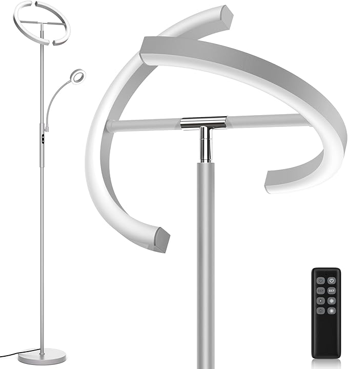 2-in-1 Dimmable Floor Lamp with Reading Light - Rotatable Standing Lamp with Remote&Touch Control, Stepless Color Brightness Adustable, Modern Lamp for Living Room Bedroom Office, Silver