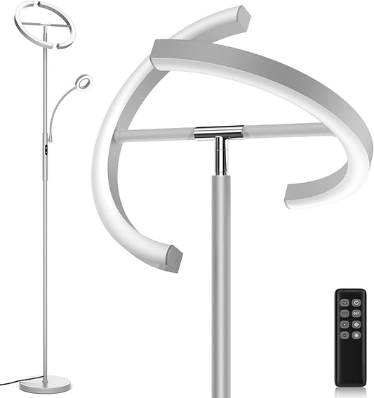 2-in-1 Dimmable Floor Lamp with Reading Light - Rotatable Standing Lamp with Remote&Touch Control, Stepless Color Brightness Adustable, Modern Lamp for Living Room Bedroom Office, Silver