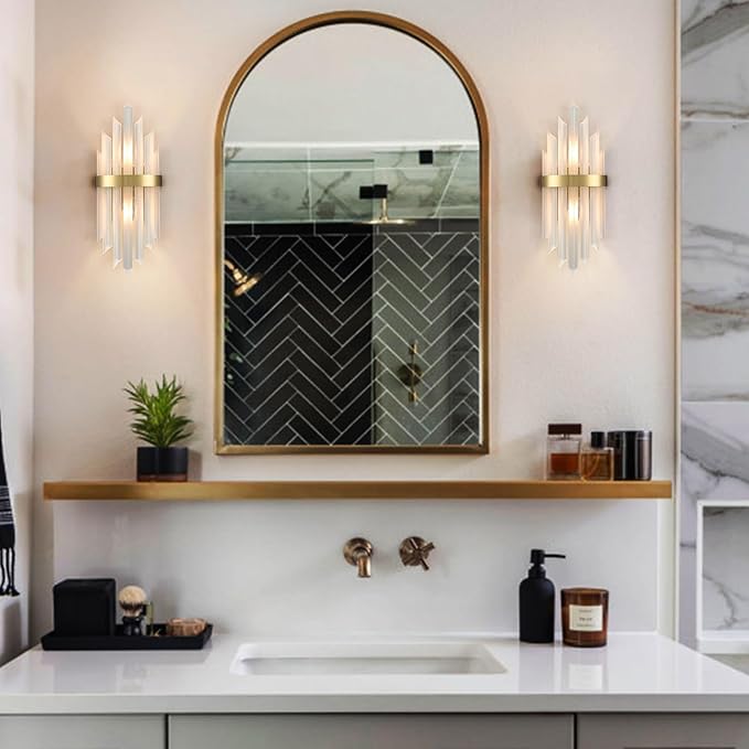 HOLKIRT Modern Gold Wall Sconces Set of Two Crystal Wall Sconce 2-Light Wall Light Fixtures for Living Room Bedside Hallway Stairway Kitchen with Frosted Glass,E12 Base