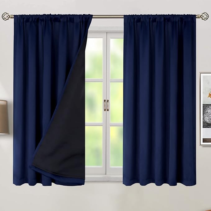 BGment Navy Blue 100% Blackout Curtains 45 Inches Long with Black Liner, Rod Pocket and Back Tab Double Layer Full Room Darkening Thermal Window Curtains for Bedroom, 2 Panels, Each 52 x 45 Inch
