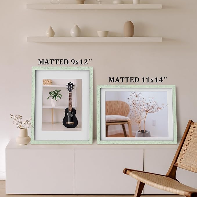 Egofine 12x16 Picture Frame Made of Solid Wood, Display Covered by Plexiglass, Display Pictures 9x12/11x14 with Mat or 12x16 Without Mat for Wall Mounting, Rustic Green