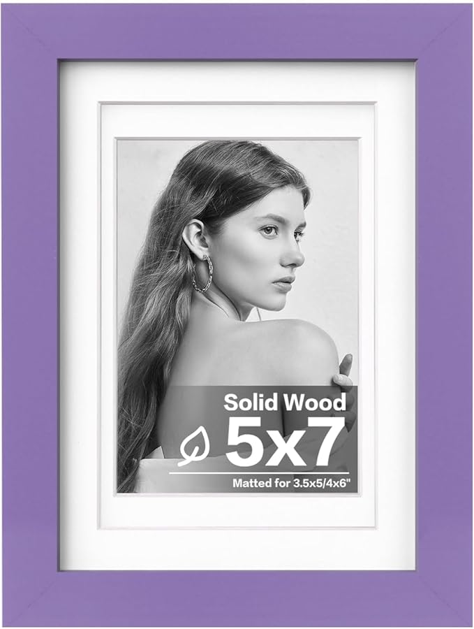 Egofine 5x7 Picture Frame Made of Solid Wood,Covered by Plexiglass Display Pictures 3.5x5/4x6 with Mat or 5x7 Without Mat for Table Top Display and Wall Mounting Photo Frame, Purple