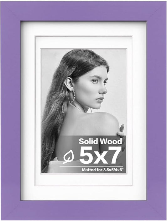 Egofine 5x7 Picture Frame Made of Solid Wood,Covered by Plexiglass Display Pictures 3.5x5/4x6 with Mat or 5x7 Without Mat for Table Top Display and Wall Mounting Photo Frame, Purple