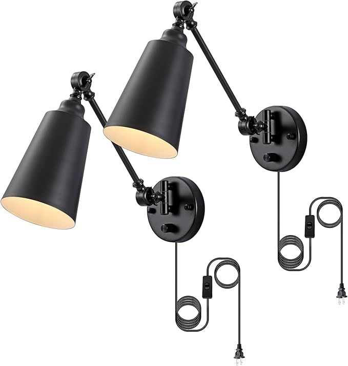 Plug in Wall Sconces Set of 2, Black Wall Mounted Lighting, Swing Arm Wall Lamp Plug in Cord Industrial Wall Light Fixtures for Bedside Bedroom Living Room Kitchen Office