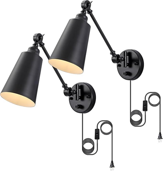 Plug in Wall Sconces Set of 2, Black Wall Mounted Lighting, Swing Arm Wall Lamp Plug in Cord Industrial Wall Light Fixtures for Bedside Bedroom Living Room Kitchen Office
