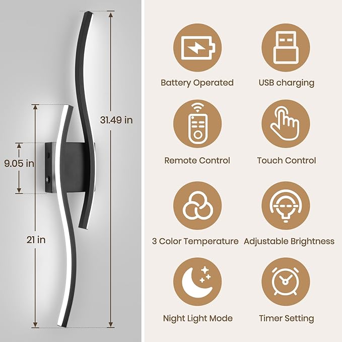 Modern LED Wall Sconce set of Two, Battery Powered Wall Sconces set of 2 with Timer, Black Wall Light with Remote, LED Wall Lamp indoor not hardwired for Bathroom Living Room Bedroom Corridor