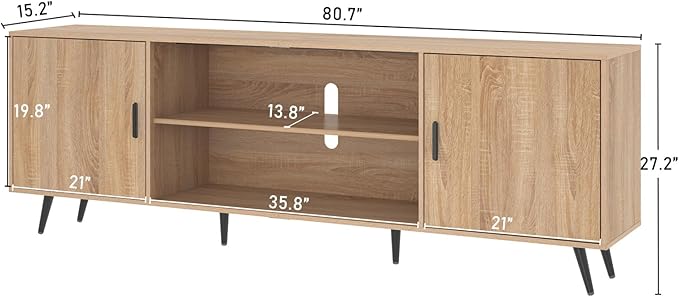 AUXSOUL 80 Inch Mid Century Modern TV Stand for 75 Inch TV, Wood TV Stand with Storage, Entertainment Center for Living Room Bedroom, TV Media Console, Oak