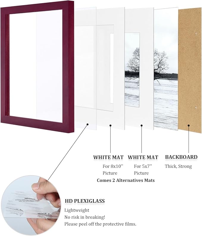 Egofine 11x14 Picture Frame Display Pictures 5x7/8x10 with Mat or 11x14 Without Mat Made of Solid Wood Covered by Plexiglass for Table Top Display and Wall Mounting Photo Frame, Dark Red