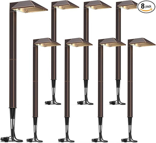 GOODSMANN Low Voltage Landscape Lights 8PK Landscape Lighting Kit Pathway Lights Wired Outdoor Walkway Lights 0.7W LED 100 Lumen Oil Rubbed Bronze Finish Warm White with Cable Connectors Metal Stakes