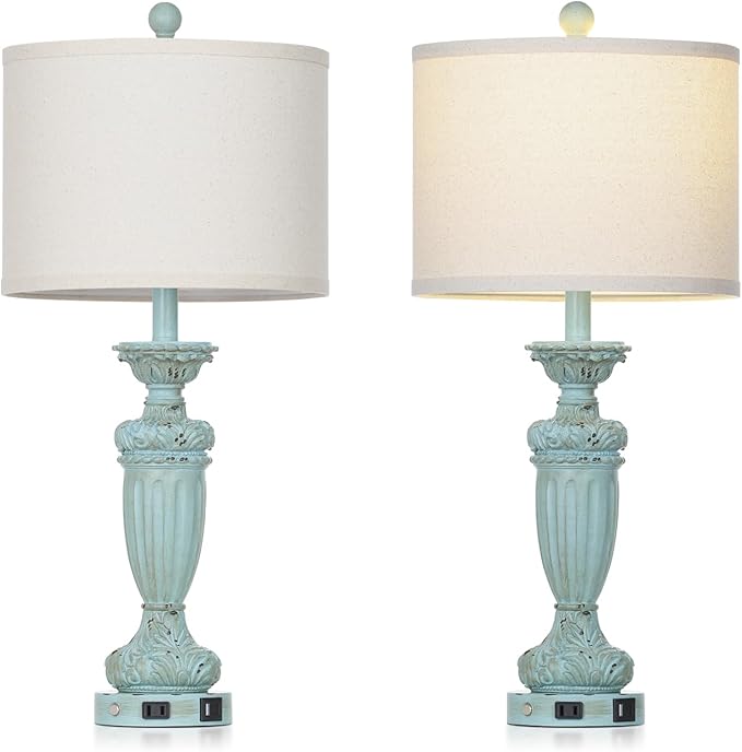 27.5" Farmhouse Resin Table Lamps Set of 2 for Living Room 3-Way Dimmable Table Lamp with USB C+A Ports,Light Blue Desk Lamps,Traditional Bedside Lamps Use for Bedroom Nightstand (Blue)