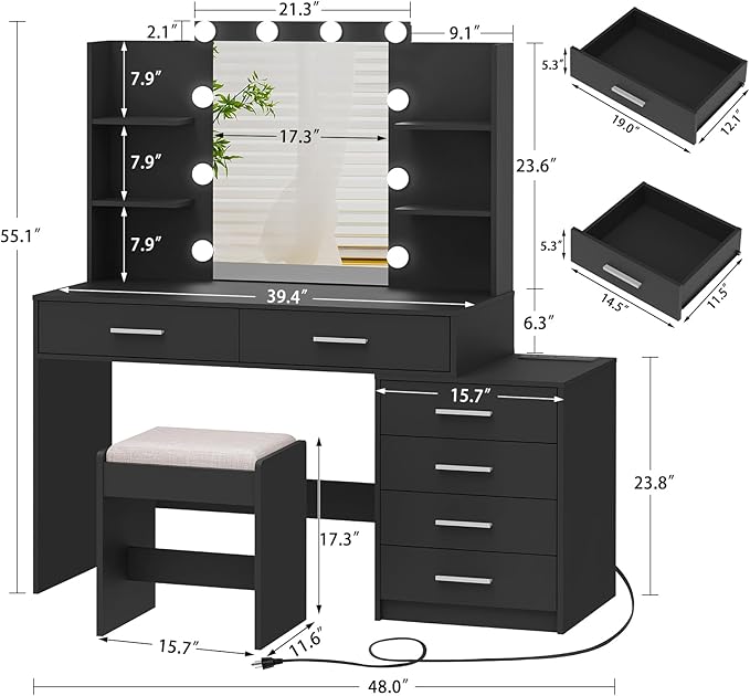 Quimoo 48" Large Vanity Desk with Mirror and Lights, Makeup Vanity with 6 Drawers, Power Outlet, Vanity Makeup Mirror Desk Table Set with 4 Storage Shelves & Stool, Best Gift for Women Girls,Black
