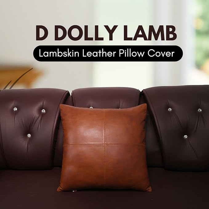 D DOLLY LAMB Lambskin Leather Pillow Cover - Sofa Cushion Case - Decorative Throw Covers for Living Room & Bedroom, 14x14 Inches - Mango Tan Antique Pack of 2