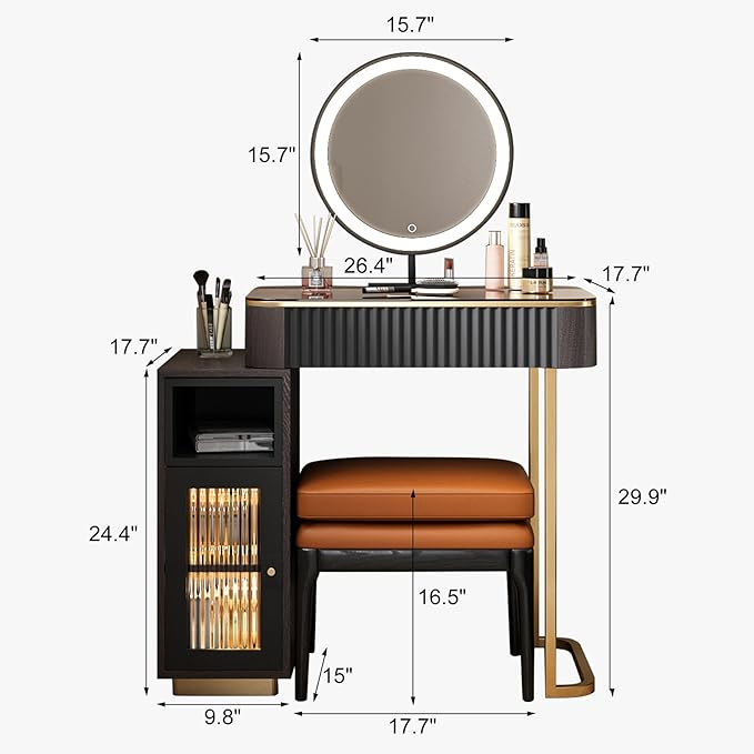 Lartis Makeup Vanity, with LED Makeup Mirror, Three Adjustable Light Levels, Tempered Teal Glass countertop,White Wax Wood Makeup Stool