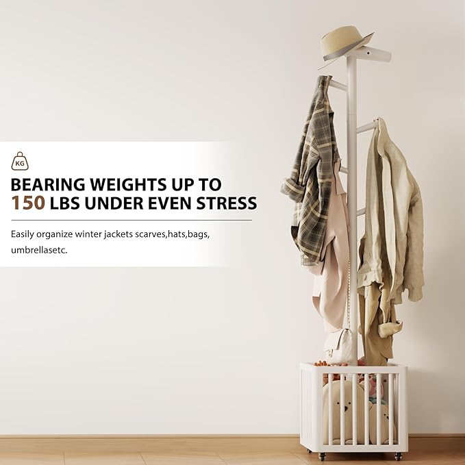 Coat tree freestanding heavy duty，Wooden coat rack freestanding for Entrance, Bedroom, Living room(White)