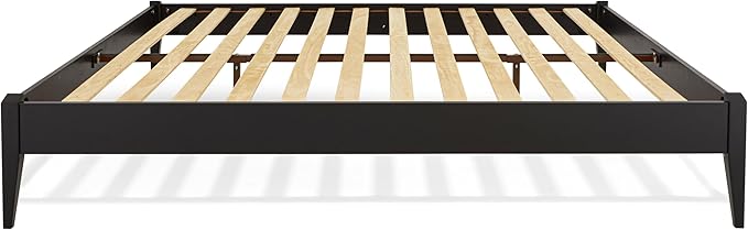 Bme Dinkee Queen Platform Bed Frame Wood 15 Inch - Solid Wood Bed Frame - Modern & Minimalist Style - 12 Strong Wood Slat Support - Easy Assembly - No Box Spring Needed - Black