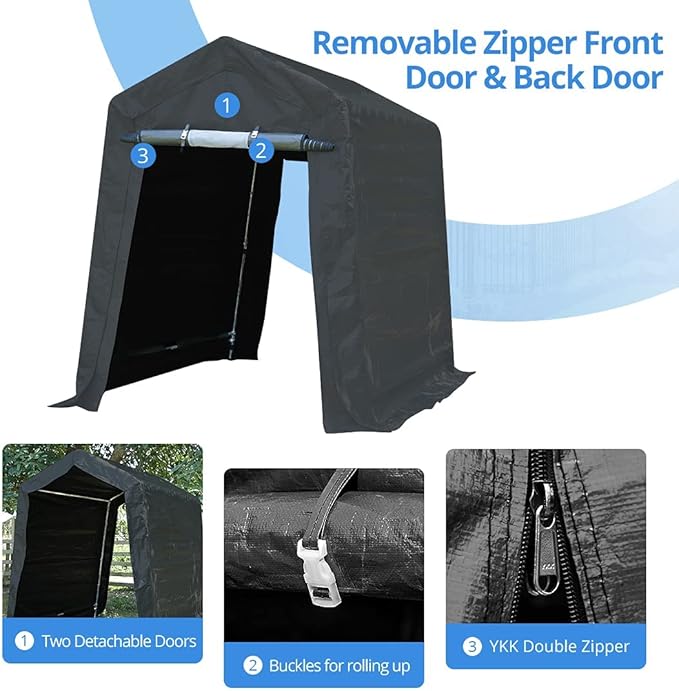 ADVANCE OUTDOOR 6X8 ft Outdoor Portable Storage Shelter Shed with 2 Rolled up Zipper Doors & Vents Carport for Motorcycle Waterproof and UV Resistant Portable Garage Kit Tent, Gray