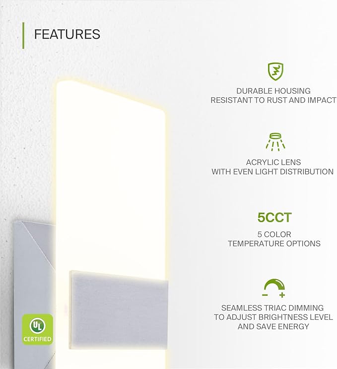 ASD 12 Inch LED Indoor Wall Sconce - Modern Interior 12W 2700K-5000K Adjustable Dimmable Wall Mounted Light Fixtures, Acrylic Glass Wall Lights for Stairway, Hallway - UL, Brushed Nickel, 2 Pack
