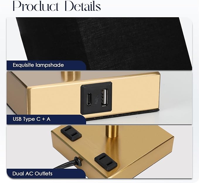 Bedside Lamp with USB Ports - Touch Control Table Lamp for Bedroom with USB C+A Charging Ports & AC Outlets, 3 Way Dimmable Nightstand Light for Living Room (LED Bulb Included, Brass - Black)