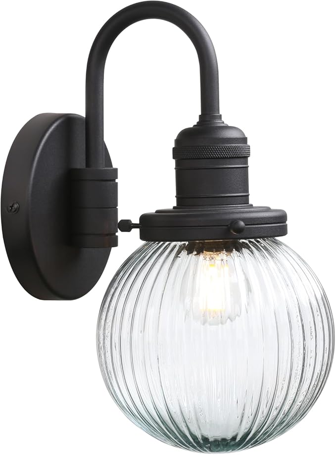 Industrial Vintage Gooseneck 1-Light Wall Sconce with 5.9" Round Ribbed Clear Glass Globe Lampshade Indoor Wall Mounted Lamp Fixture for Bedroom Living Room Bathroom Vanity