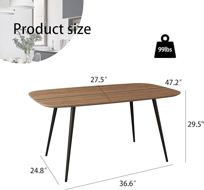 47.2'' Modern Farmhouse Dining Table, Wooden Rectangular Dining Table with Metal Legs for 4-6 People for Dining Room, Kitchen, Living Room (Walnut Color Table, 47.2")