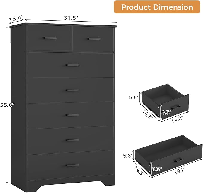 Hasuit Tall Dresser for Bedroom, Black Large Chest of Drawers, 55.6'' High Dressers with 7 Drawers, Modern Wooden Vertical Storage Clothes Closet Organizer
