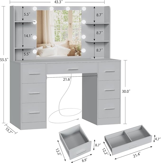 Quimoo Large Vanity Desk with LED Lighted Mirror & Power Outlet,Makeup Vanity Table with 7 Drawers,4 Shelves and 5 Hooks,Vanity Table, Vanity Desk Set for Bedroom,Bathroom,Grey