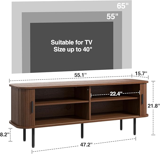55" Mid Century Modern Fluted TV Stand for TVs up to 65 Inch, Gaming Entertainment Center with Tambour Slatted Sliding Doors, Media TV Consoles Table for Living Room, Walnut