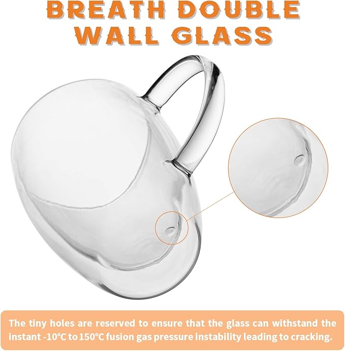 MEWAY 12oz/6 pack Coffee Mugs,Clear Glass Double Wall Cup with handle for Coffee, Tea, Latte, Cappuccino (12 oz，6)