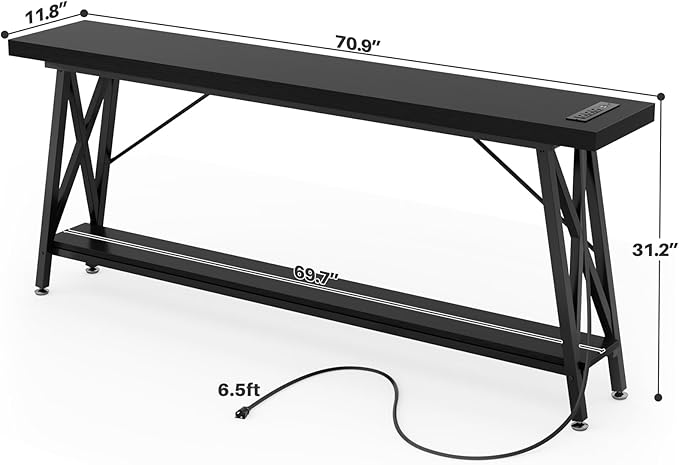 Homieasy 70.9 Inch Extra Long Console Table with Charging Station & Storage Shelf - Industrial Style Sofa Table Behind Couch for Living Room & Entryway, Black