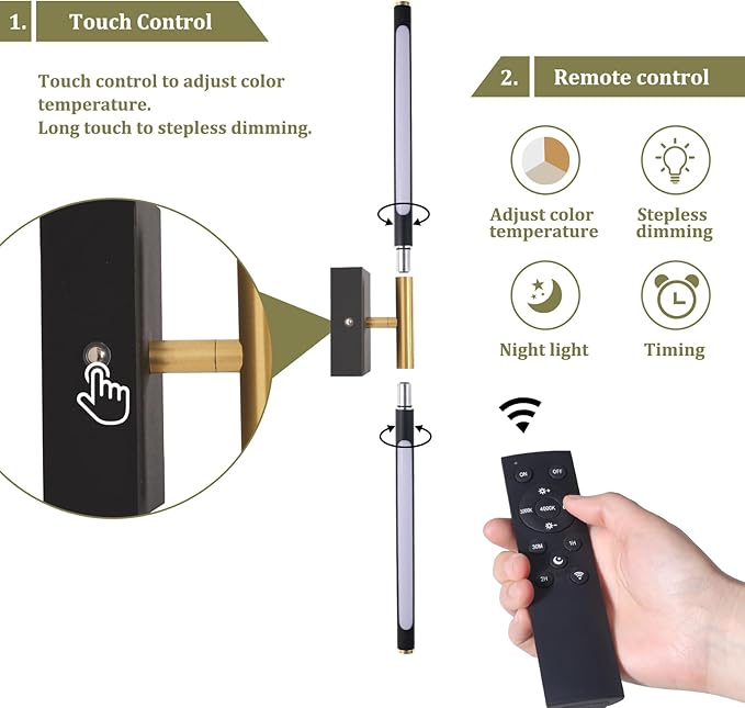 Battery Operated Wall Sconce Set of 2, 8000mAh Wireless Wall Sconces, 3000K-6000K Dimmable, 350°Rotate, Indoor Wall Lights with Remote for Bedroom Living Room Bathroom, Black Gold, 23.6 Inch