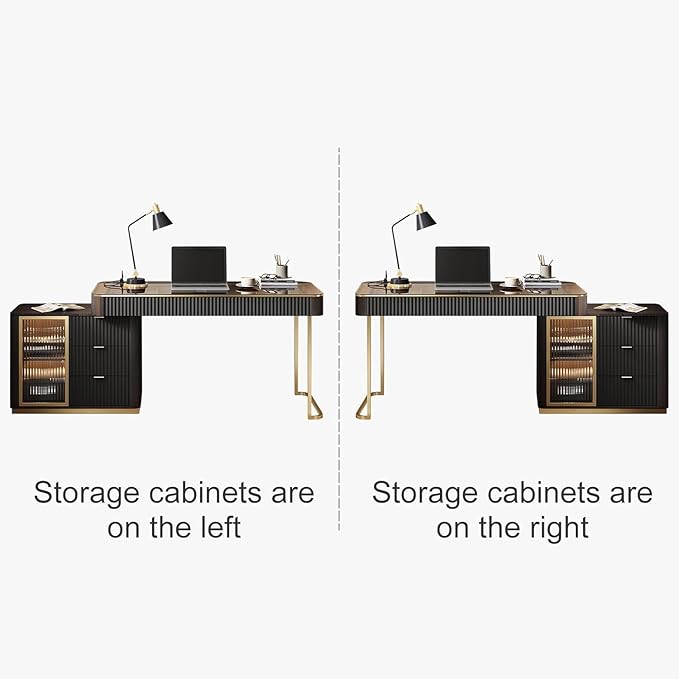 Lartis Office Desk, Very Easy to Assemble, Computer Desk, Home Telescopic Writing Desk, Modern Computer Desk with Retractable Cabinet Built-in LED Lights (Black Brown, 47 in)