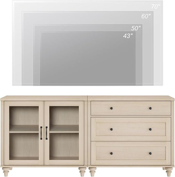 WAMPAT TV Stand for 75 Inch TV, Wood TV Cabinet Entertainment Center Television Stands for Living Room, 2-in-1 Sideboard Buffet Cabinet with Glass Door & Drawer for Kitchen, Light Oak