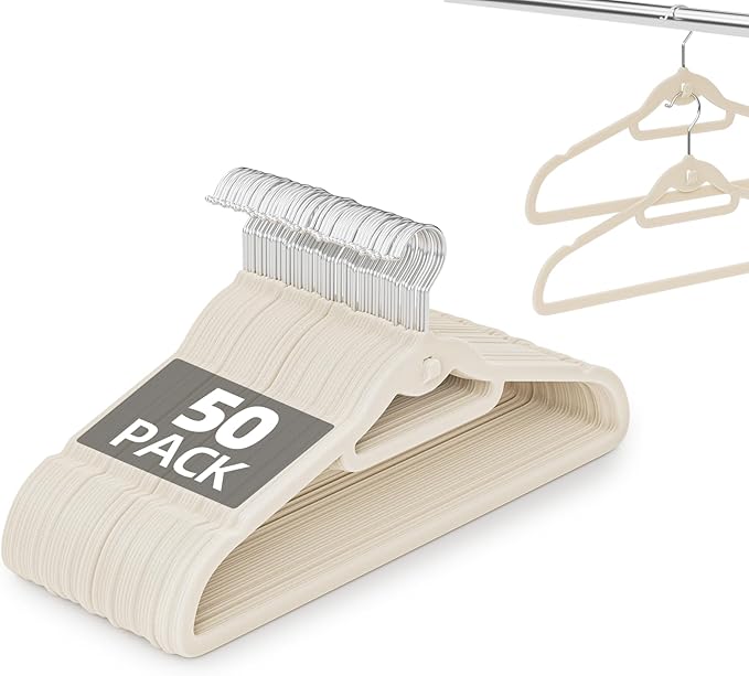 Velvet Hangers 50 Pack, Non Slip Stackable Clothes Hangers with Cascading Hooks, Ultra Thin and Space Saving Felt Hangers with Tie Bar, 360° Swivel Hooks, Heavy Duty for Suit Coat Shirt Pant- Ivory