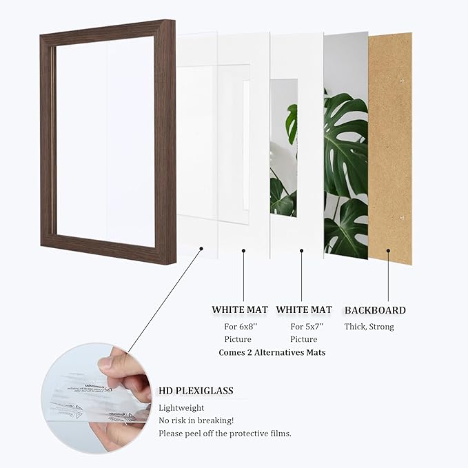 Egofine 9x12 Picture Frame Made of Solid Wood with Plexiglass, Display Pictures 5x7/6x8 with Mat or 9x12 Without Mat for Tabletop and Wall Mounting, Rustic Brown