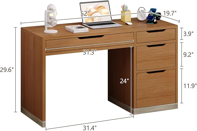 Small Desk with Drawers, 52 Inch Computer Desk with Storage, Home Office Desk with Filing Table for Bedroom, Brown