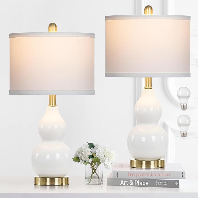 Double Gourd Ceramic Table Lamps Set of 2, Modern White Bedside Lamps for Night Stand, Contemporary Nightstand Lamps for Bedroom Living Room (Bulb Included)