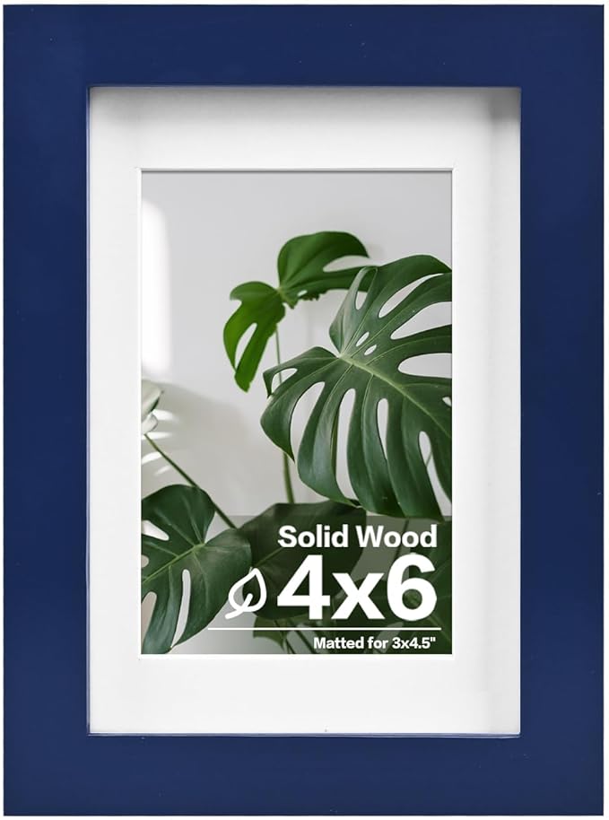 Egofine 4x6 Picture Frame Made of Solid Wood, Covered by Plexiglass Display Pictures 3.5x5 with Mat or 4x6 Without Mat for Table Top Display and Wall Mounting Photo Frame, Navy Blue