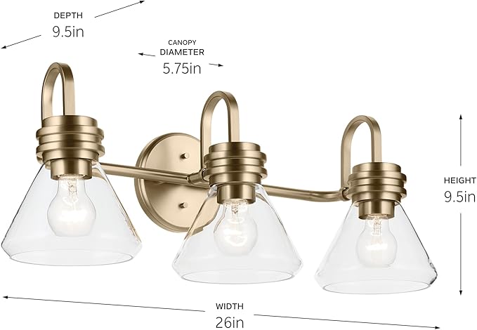 Kichler Farum 26" 3-Light Vanity Light with Clear Glass in Champagne Bronze, for Single or Double Vanity, Over a Mirror, Powder Room, Bathroom, (26" W x 9.5" H) 55155CPZCLR