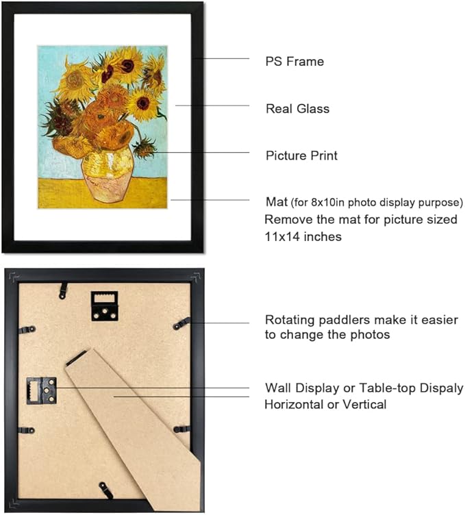 11x14 Picture Frame Set of 6 with Real Glass for Pictures 8x10 with Mat or 11x14 Without Mat, Wall Gallery or Tabletop display Photo Frames in Black