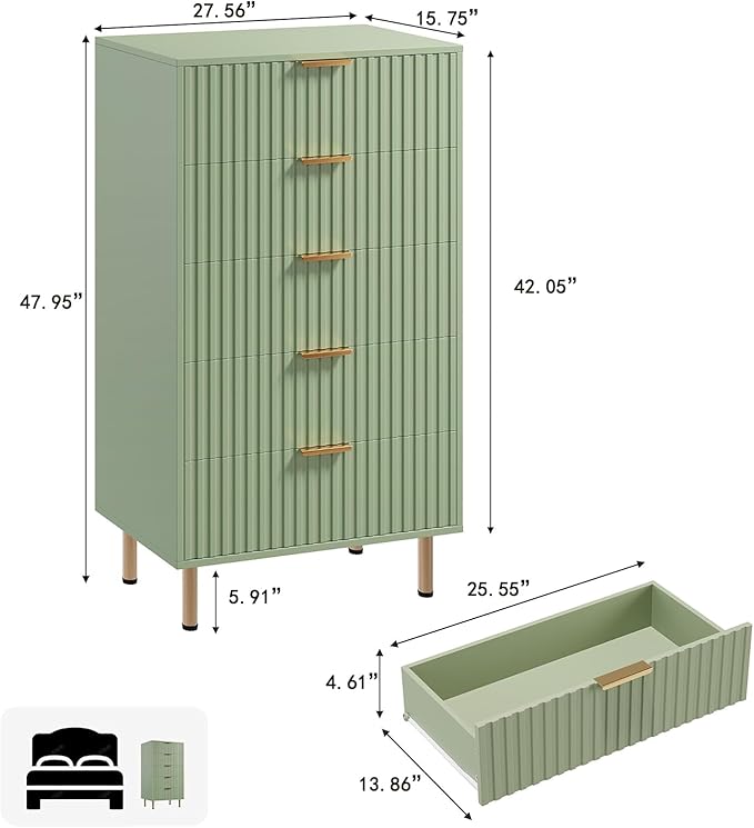 5 Drawer Dresser for Bedroom, 48" Tall Modern Chest of Drawers with Deep Drawers and Wide Top, Fluted Wooden Dresser Organizer for Living Room, Hallway, Kids Room, Green