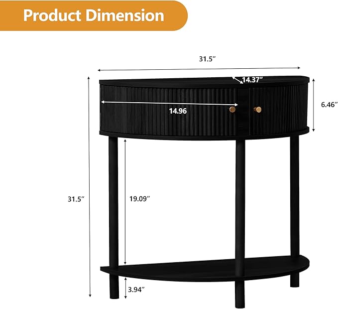 Fluted Half Moon Console Table, Modern Small Entry Table Sofa Table with Storage, Solid Wood Legs Narrow Entryway Table for Living Room, Hallway, Foyer(Black)