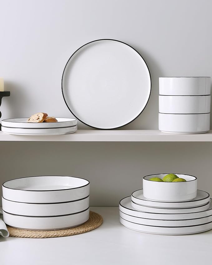 Famiware Nebula Plates and Bowls Sets, 18 Pieces Dinnerware Sets, Dishes Set for 6, White with Black Rim