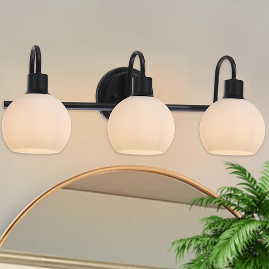 3-Light Bathroom Vanity Light Fixtures, Black Wall Sconce with Milk White Globe Glass Shade, Vanity Lighting E26 Socket for Mirror Kitchen Living Room Hallway