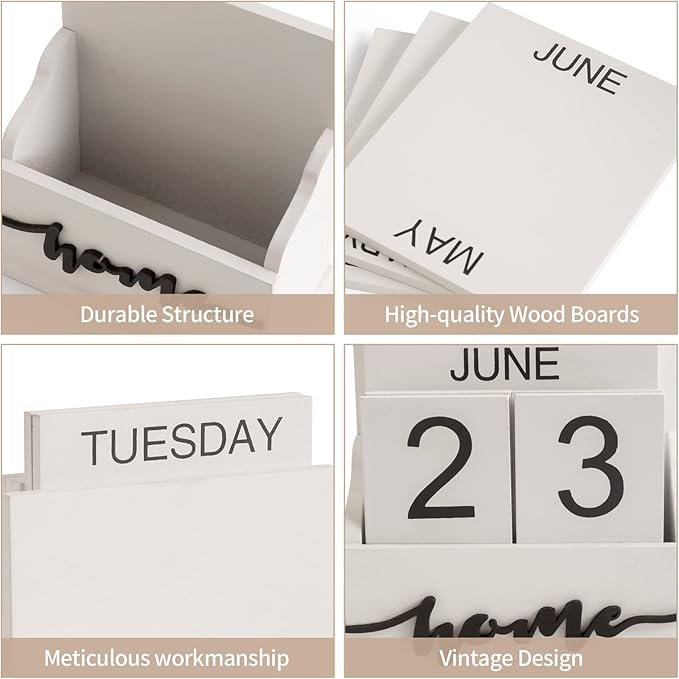 Desk Perpetual Block Calendar, Home Farmhouse Office Aesthetic Decor for Teachers, Students, Classroom Decoration Reusable Yearly, White Wood Daily Desktop Calendar Accessories