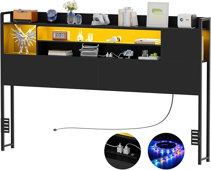 Unikito Headboard for King Size Bed, Bookcase Style Head Board with Power Outlet and RGB LED Light, Reversible Headboard with Storage, Height Adjustable, Sturdy and Stable, King Size, Black